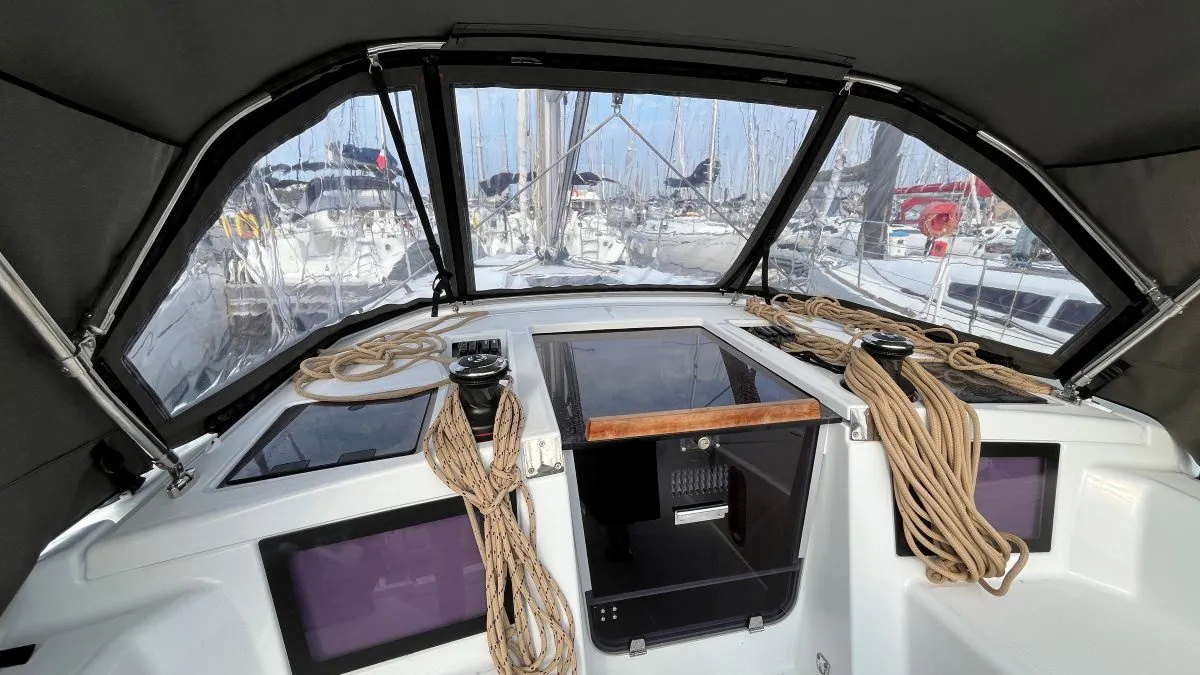 Cockpit of Evren, a Dufour 37 sailboat at La Rochelle, France
