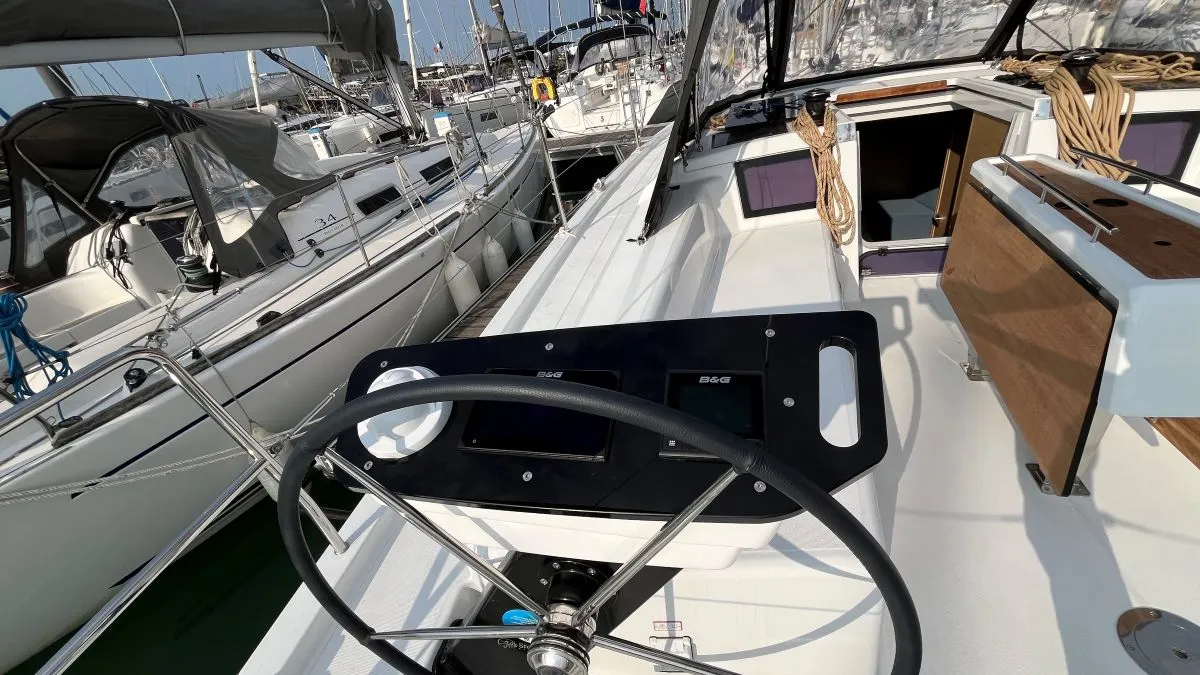 Cockpit of Evren, a Dufour 37 sailboat at La Rochelle, France