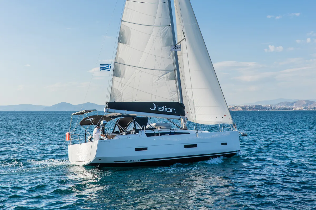 Exterior view of First Love, a Dufour 430 sailboat at Skradin, Croatia