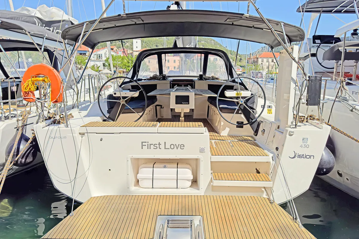 Deck of First Love, a Dufour 430 sailboat at Skradin, Croatia