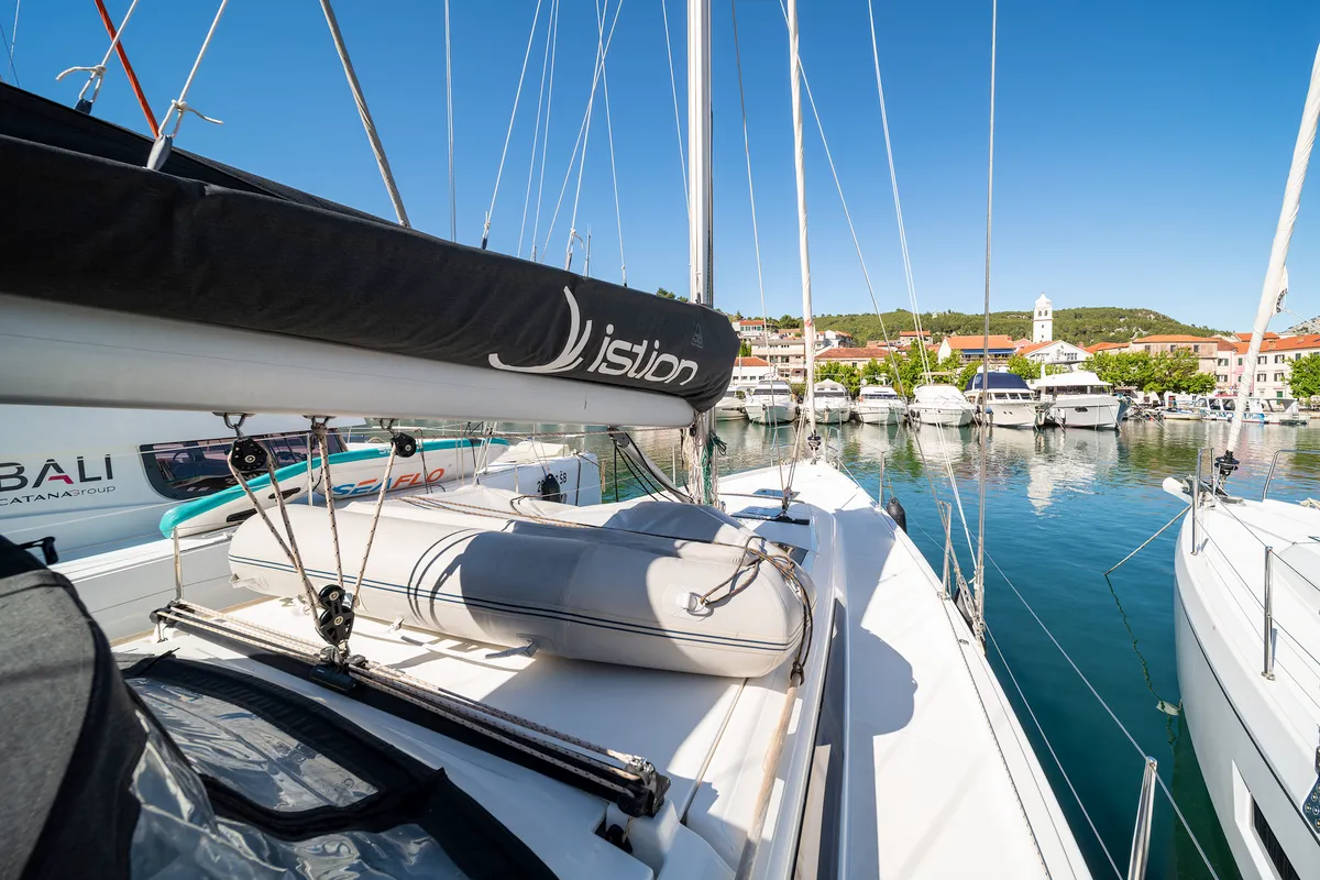 Deck of First Love, a Dufour 430 sailboat at Skradin, Croatia