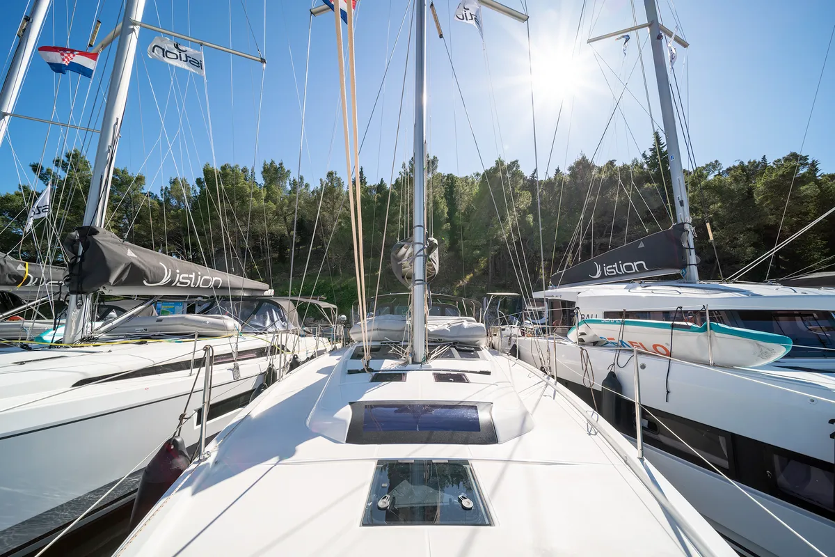 Deck of First Love, a Dufour 430 sailboat at Skradin, Croatia