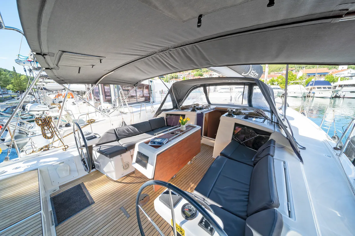 Cockpit of First Love, a Dufour 430 sailboat at Skradin, Croatia
