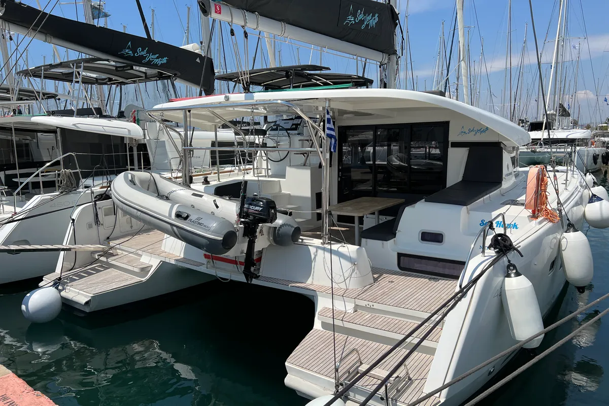 Exterior view of Sea Hawk, a Lagoon 42 catamaran at Athens, Greece
