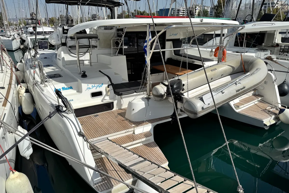 Exterior view of Sea Hawk, a Lagoon 42 catamaran at Athens, Greece