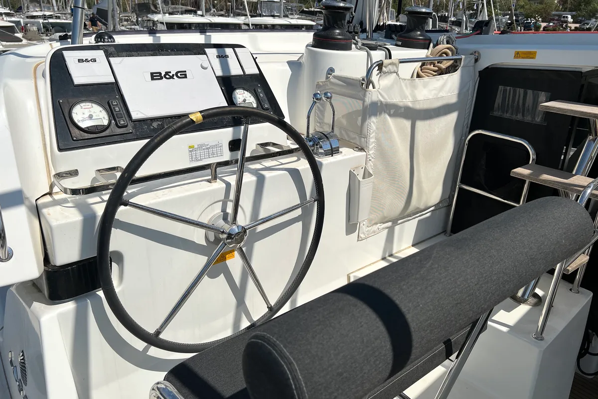 Cockpit of Sea Hawk, a Lagoon 42 catamaran at Athens, Greece