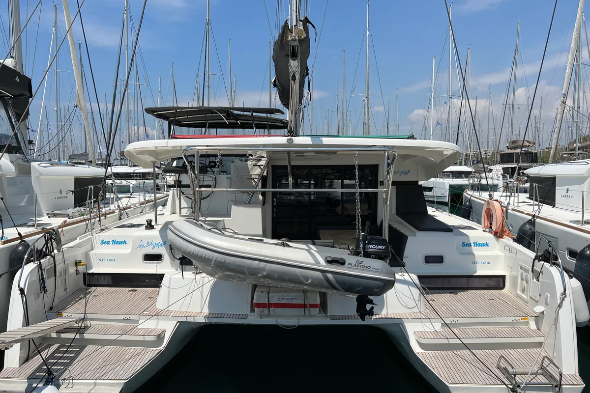 Exterior view of Sea Hawk, a Lagoon 42 catamaran at Athens, Greece