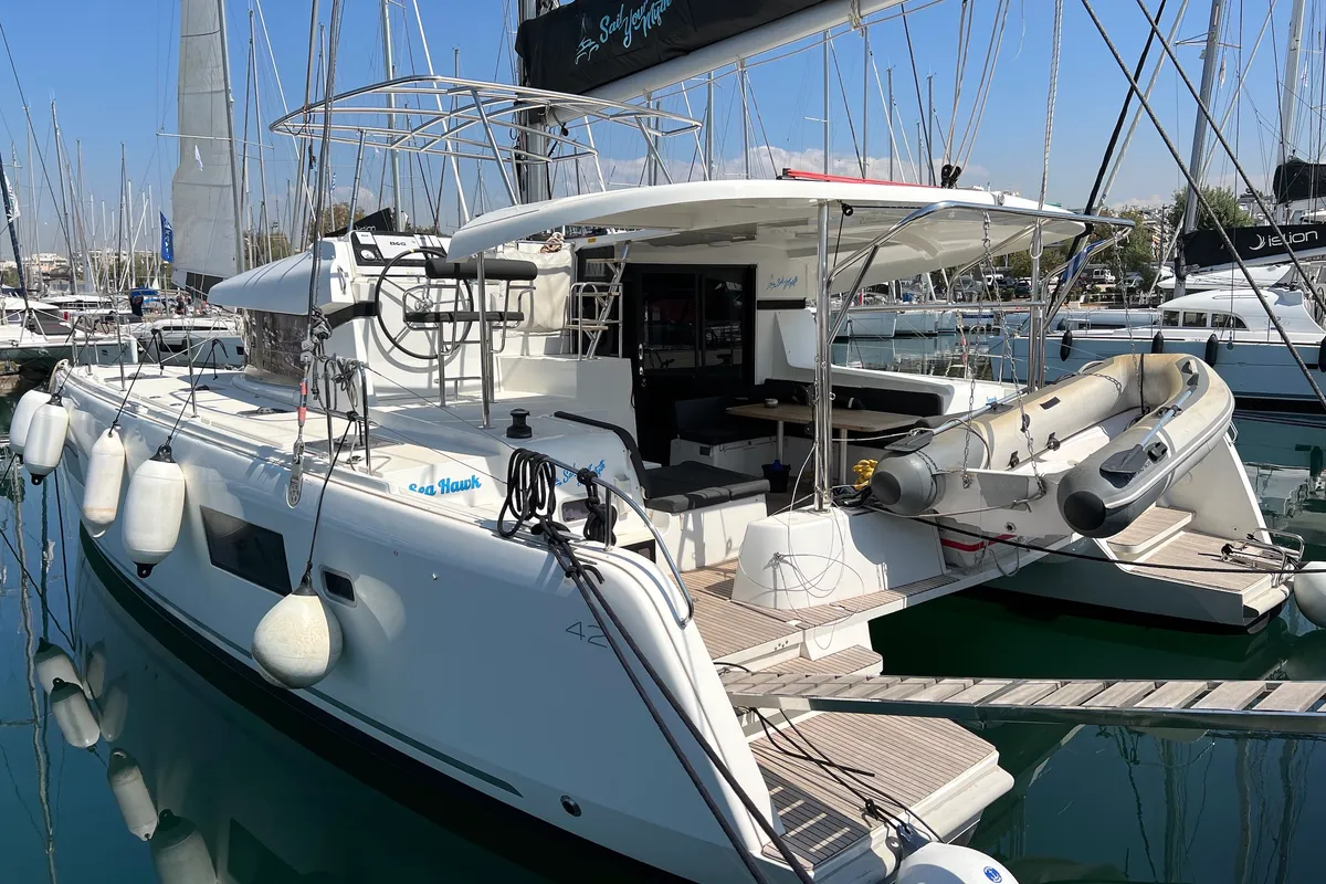 Exterior view of Sea Hawk, a Lagoon 42 catamaran at Athens, Greece