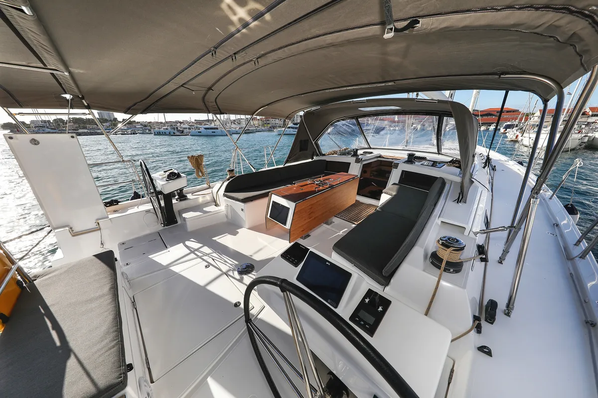 Deck of Kasper, a Dufour 530 sailboat at Vodice, Croatia