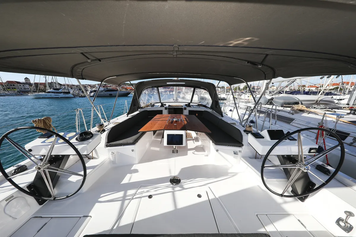 Cockpit of Kasper, a Dufour 530 sailboat at Vodice, Croatia