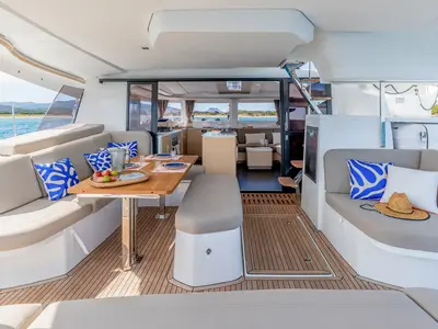 Deck of Ripple, a Fountaine Pajot FP 44 Maestro catamaran at Charlotte Amalie, United States
