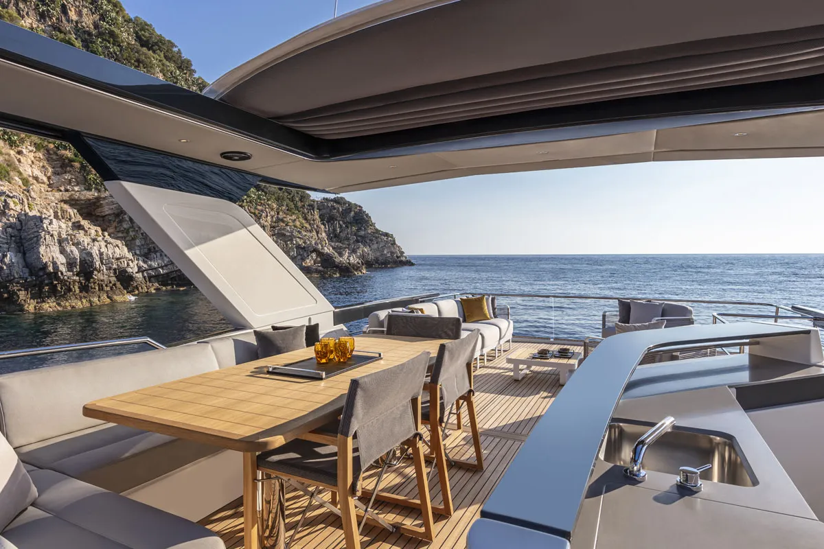 Deck of Knitewear.Club 3, a Absolute Yachts Navetta 64 motor yacht at Općina Sukošan, Croatia