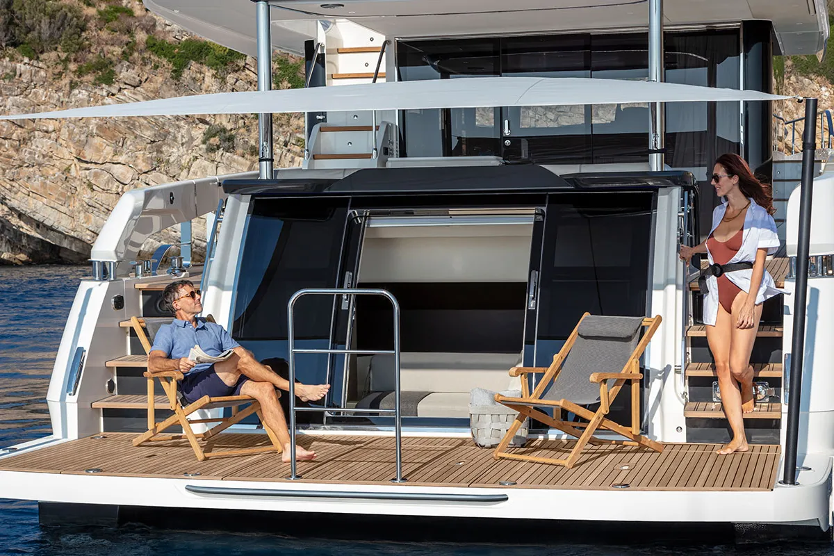 Deck of Knitewear.Club 3, a Absolute Yachts Navetta 64 motor yacht at Općina Sukošan, Croatia