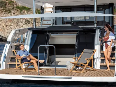 Cockpit of Knitewear.Club 3, a Absolute Yachts Navetta 64 motor yacht at Općina Sukošan, Croatia