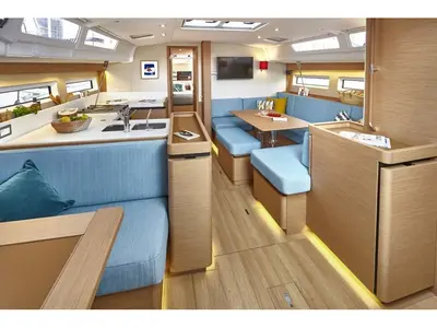 Salon of Bellatrix, a Jeanneau Sun Odyssey 490 sailboat at Preveza, Greece