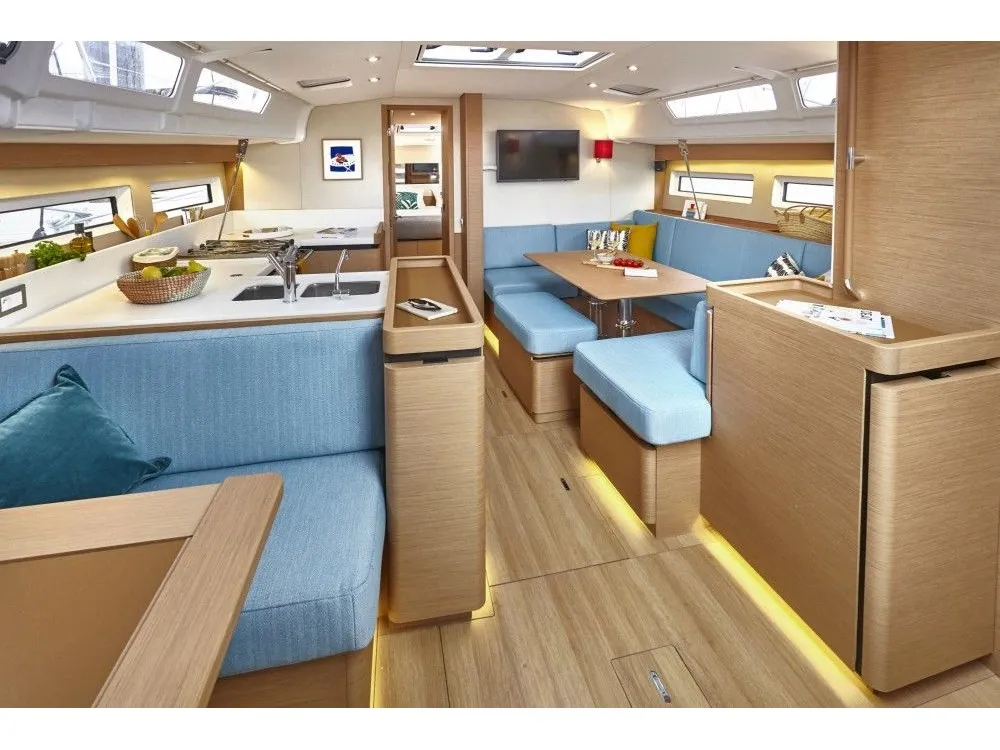 Salon of Bellatrix, a Jeanneau Sun Odyssey 490 sailboat at Preveza, Greece
