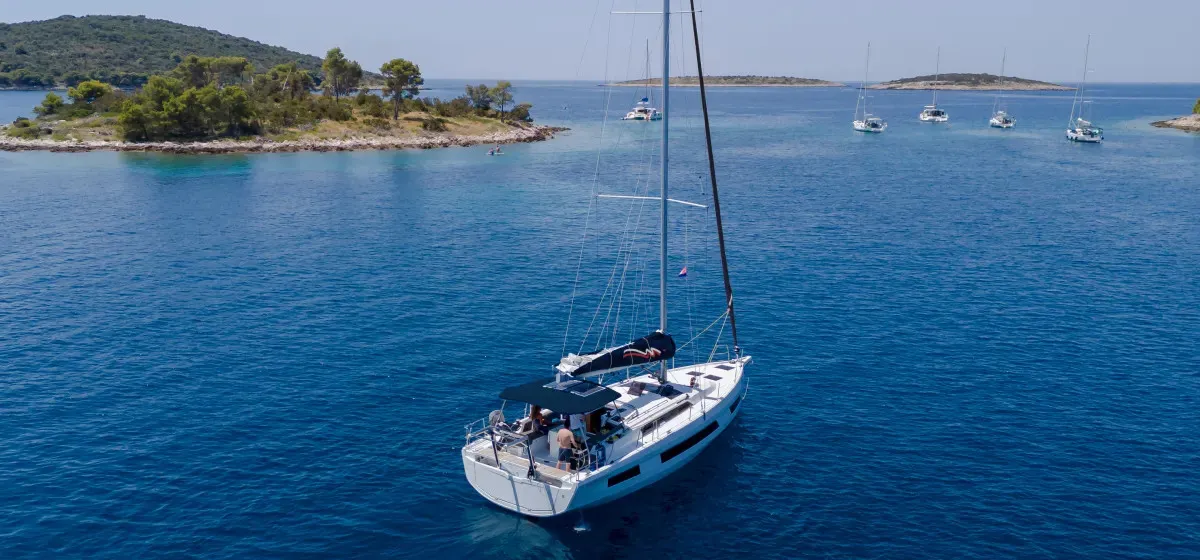 Exterior view of Moorings 44.3 Exclusive Plus, a Dufour 44 sailboat at Grand Anse, Grenada