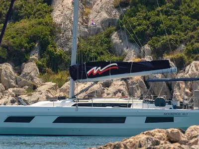 Exterior view of Moorings 44.3 Exclusive Plus, a Dufour 44 sailboat at Grand Anse, Grenada