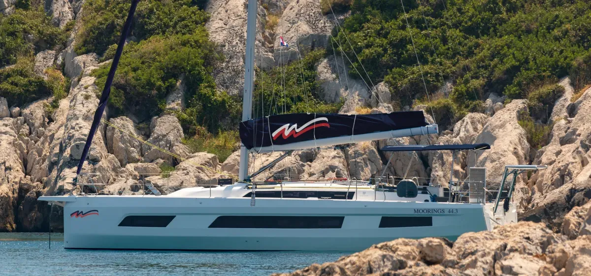 Exterior view of Moorings 44.3 Exclusive Plus, a Dufour 44 sailboat at Grand Anse, Grenada