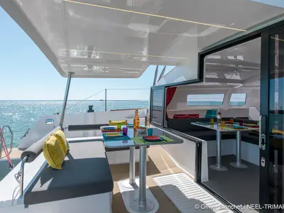 Deck of Lungta, a NEEL 43 sailboat at La Rochelle, France