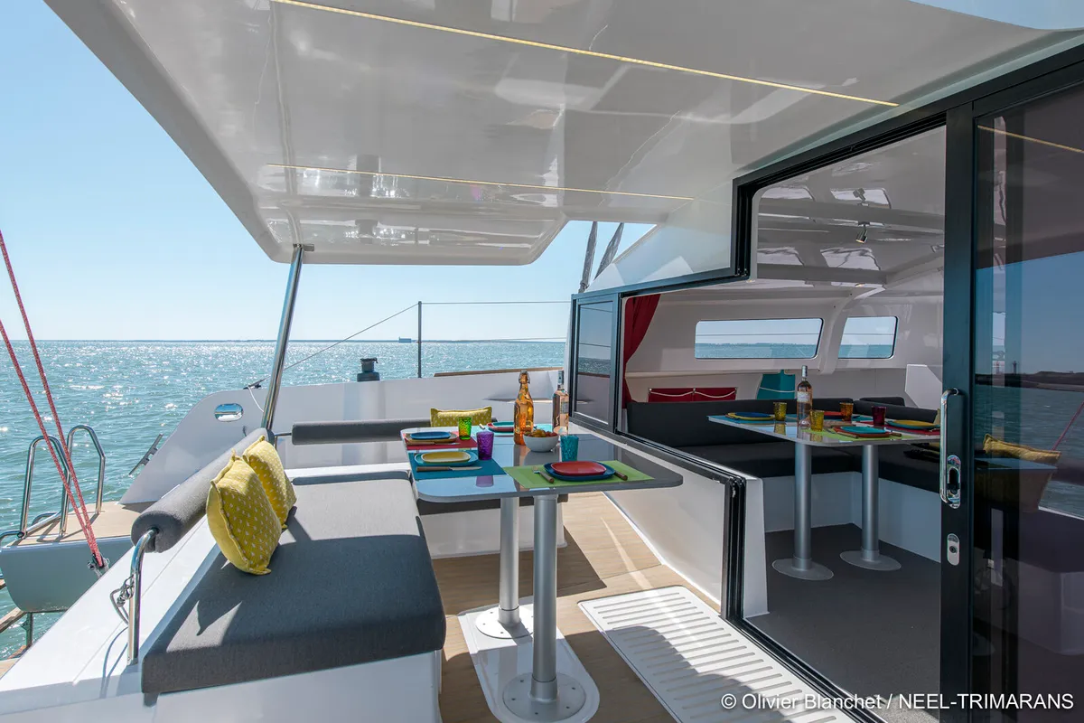 Deck of Lungta, a NEEL 43 sailboat at La Rochelle, France