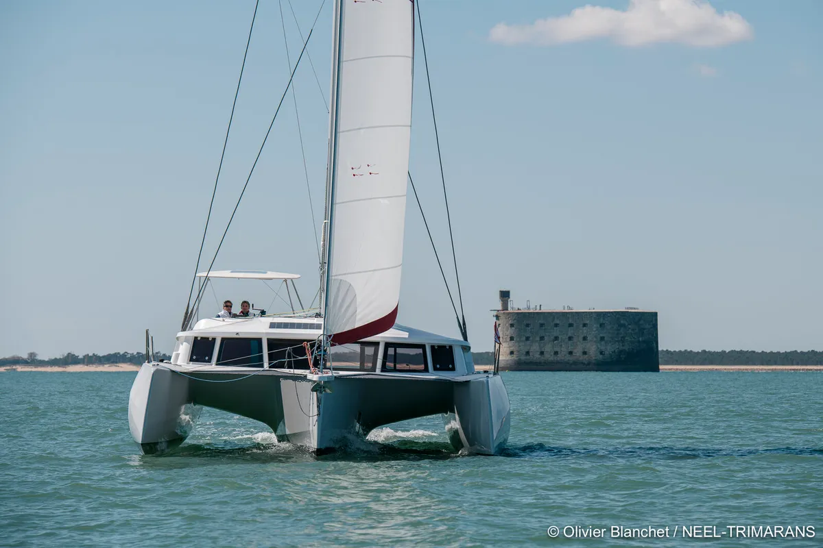 Exterior view of Lungta, a NEEL 43 sailboat at La Rochelle, France