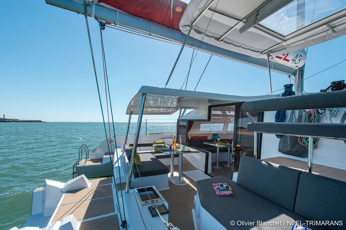 Deck of Lungta, a NEEL 43 sailboat at La Rochelle, France