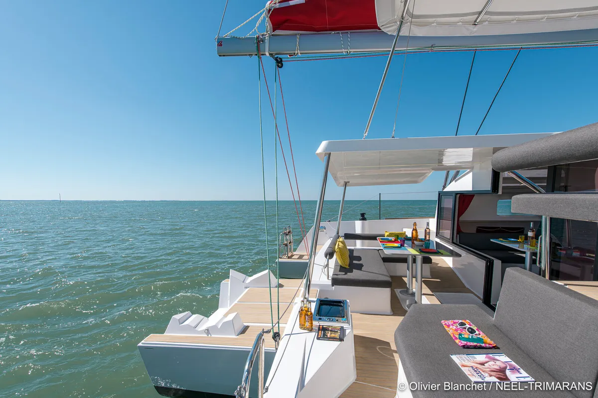 Deck of Lungta, a NEEL 43 sailboat at La Rochelle, France