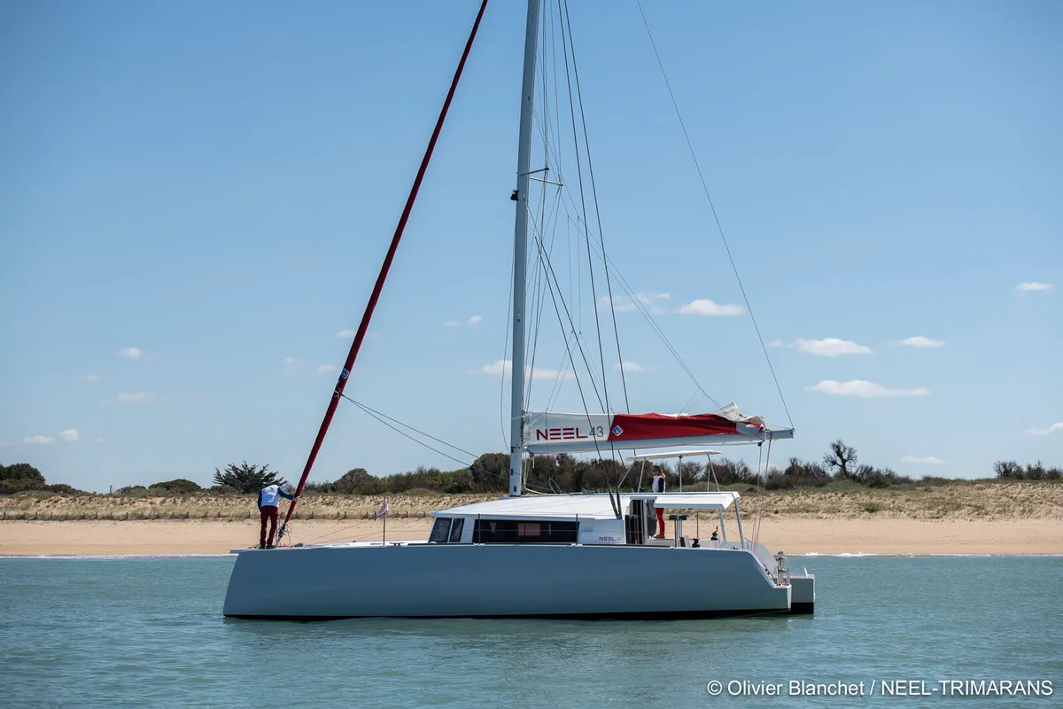 Exterior view of Lungta, a NEEL 43 sailboat at La Rochelle, France