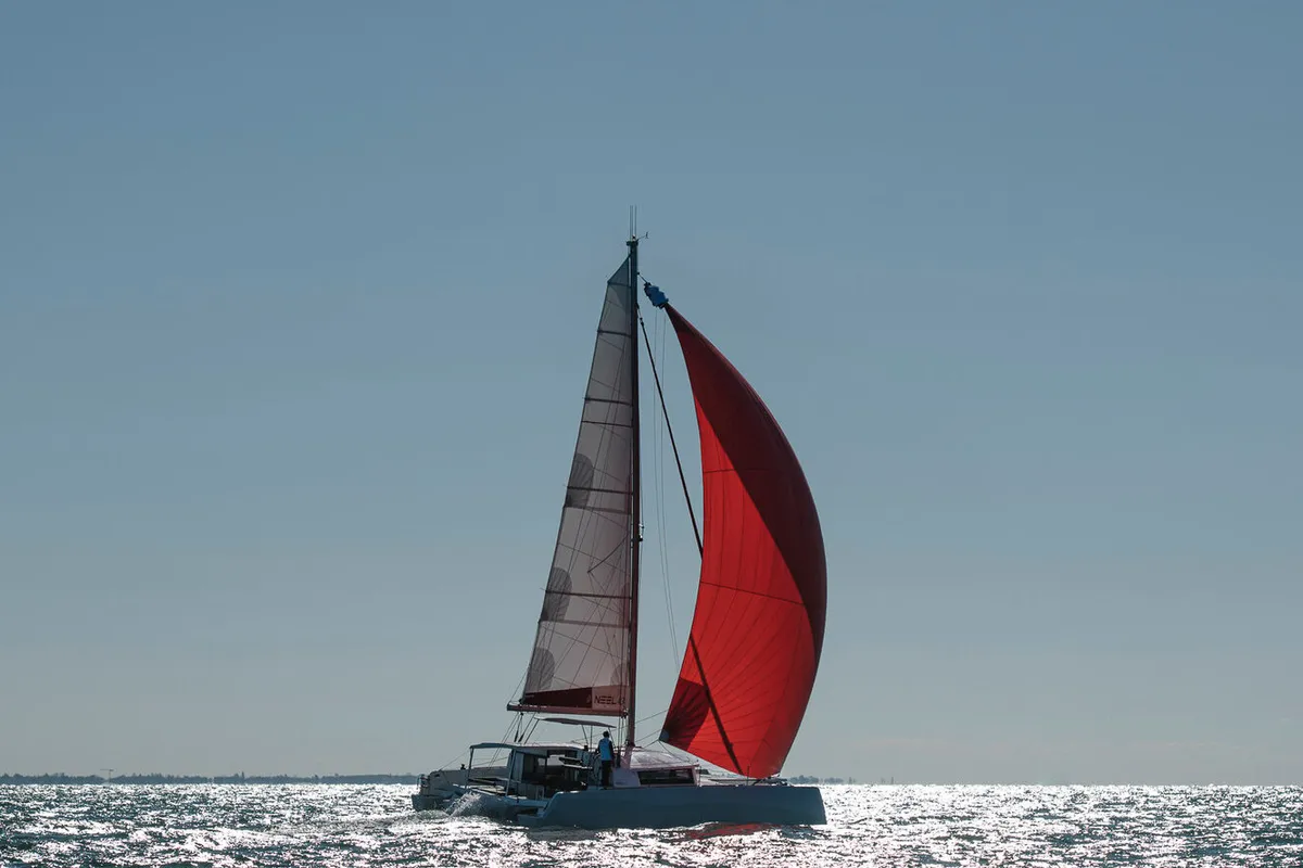 Exterior view of Lungta, a NEEL 43 sailboat at La Rochelle, France