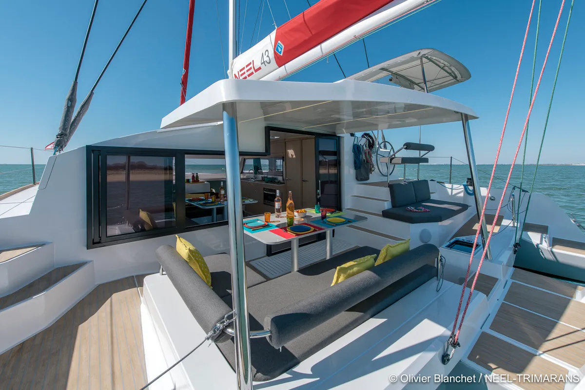 Deck of Lungta, a NEEL 43 sailboat at La Rochelle, France