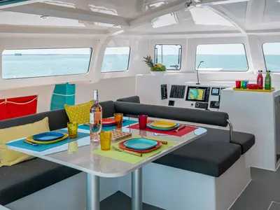 Salon of Lungta, a NEEL 43 sailboat at La Rochelle, France