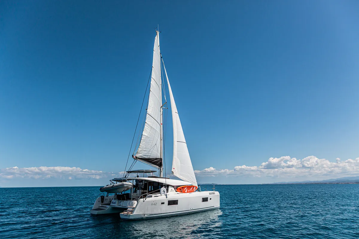 Exterior view of Almalu, a Lagoon 42 catamaran at Tonnarella, Italy
