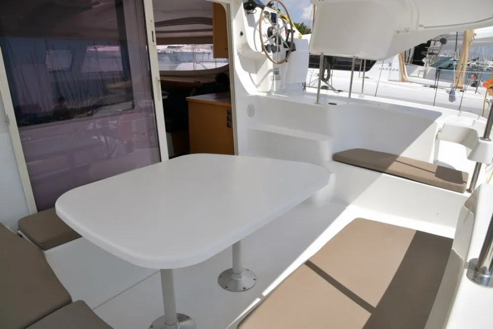 Deck of Mariona, a Fountaine Pajot Lipari 41 catamaran at Roses, Spain