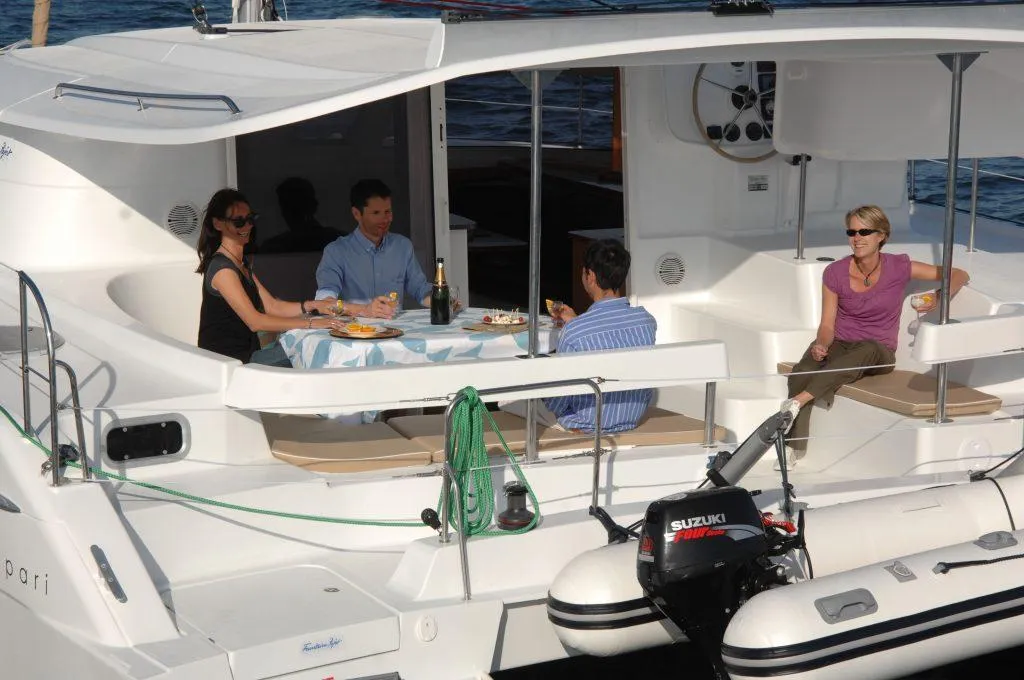 Deck of Mariona, a Fountaine Pajot Lipari 41 catamaran at Roses, Spain
