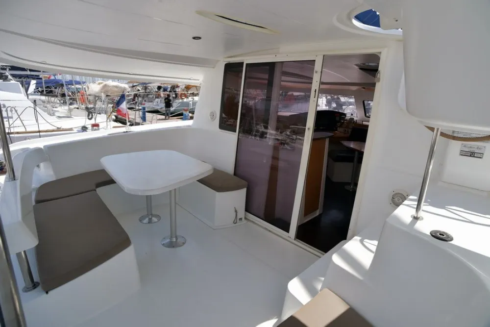 Deck of Mariona, a Fountaine Pajot Lipari 41 catamaran at Roses, Spain