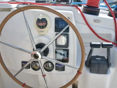 Cockpit of Mariona, a Fountaine Pajot Lipari 41 catamaran at Roses, Spain