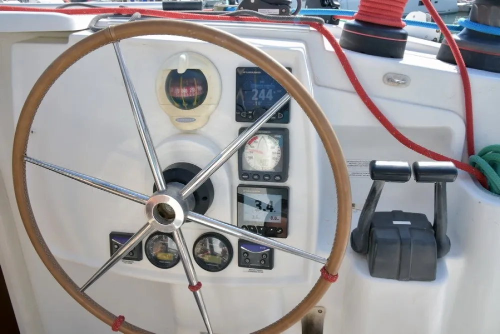 Cockpit of Mariona, a Fountaine Pajot Lipari 41 catamaran at Roses, Spain