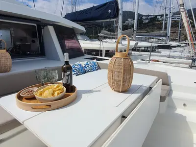 Deck of ONLY ONE LIFE, a Bali 5.4 catamaran at Sitges, Spain
