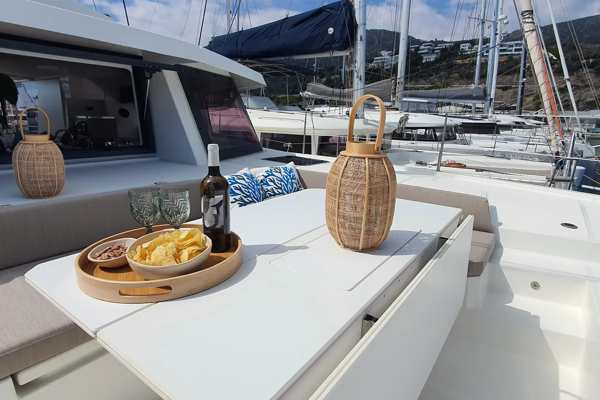 Deck of ONLY ONE LIFE, a Bali 5.4 catamaran at Sitges, Spain
