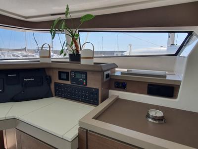 Cockpit of ONLY ONE LIFE, a Bali 5.4 catamaran at Sitges, Spain