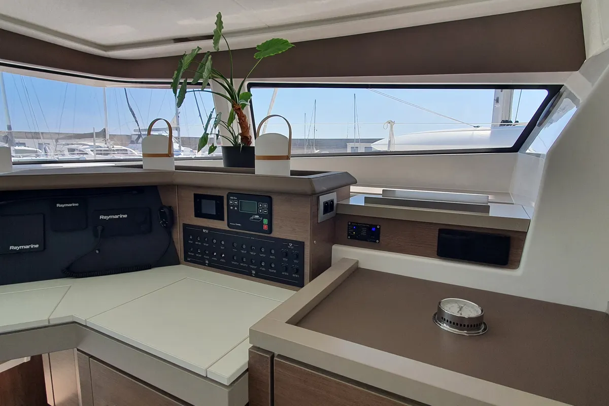 Cockpit of ONLY ONE LIFE, a Bali 5.4 catamaran at Sitges, Spain