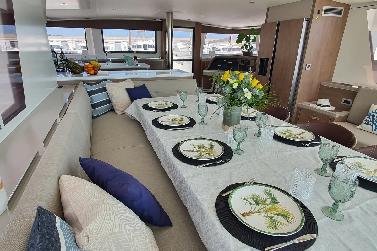 Salon of ONLY ONE LIFE, a Bali 5.4 catamaran at Sitges, Spain