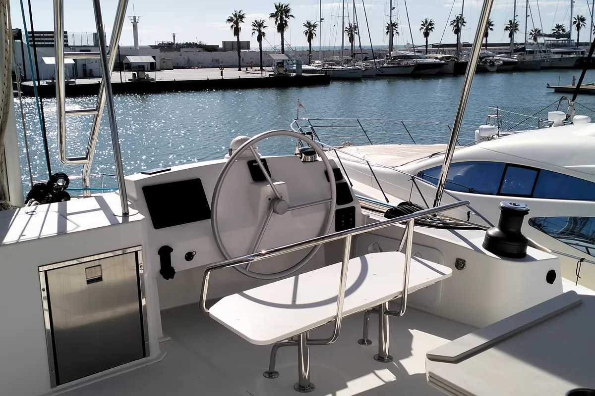 Cockpit of ONLY ONE LIFE, a Bali 5.4 catamaran at Sitges, Spain