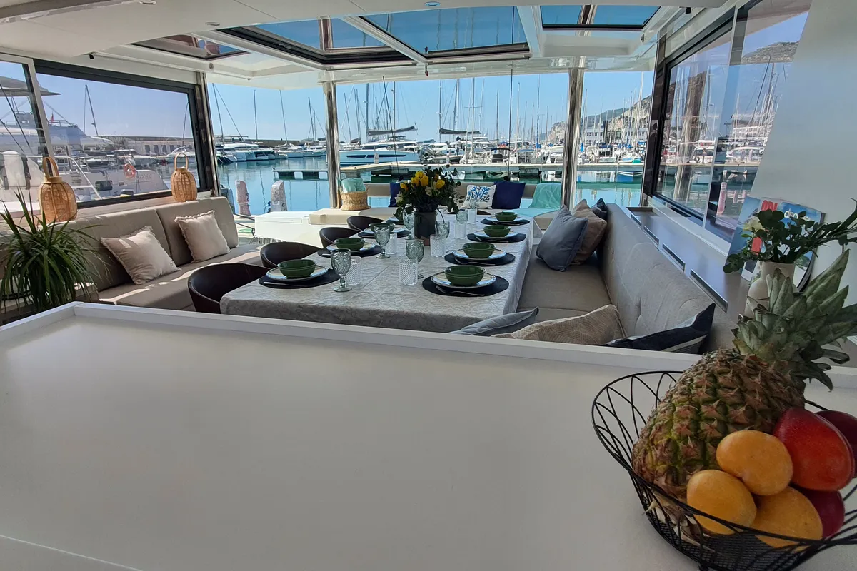 Salon of ONLY ONE LIFE, a Bali 5.4 catamaran at Sitges, Spain