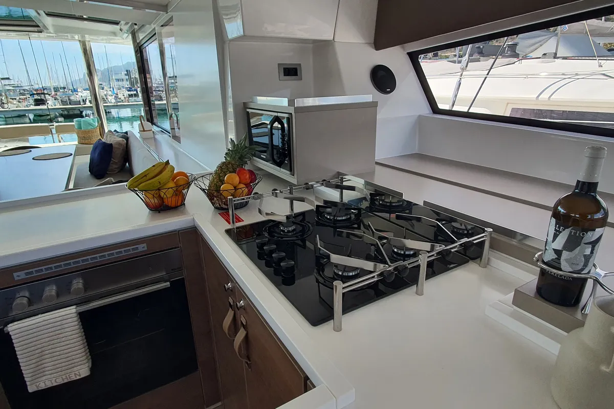 Galley of ONLY ONE LIFE, a Bali 5.4 catamaran at Sitges, Spain