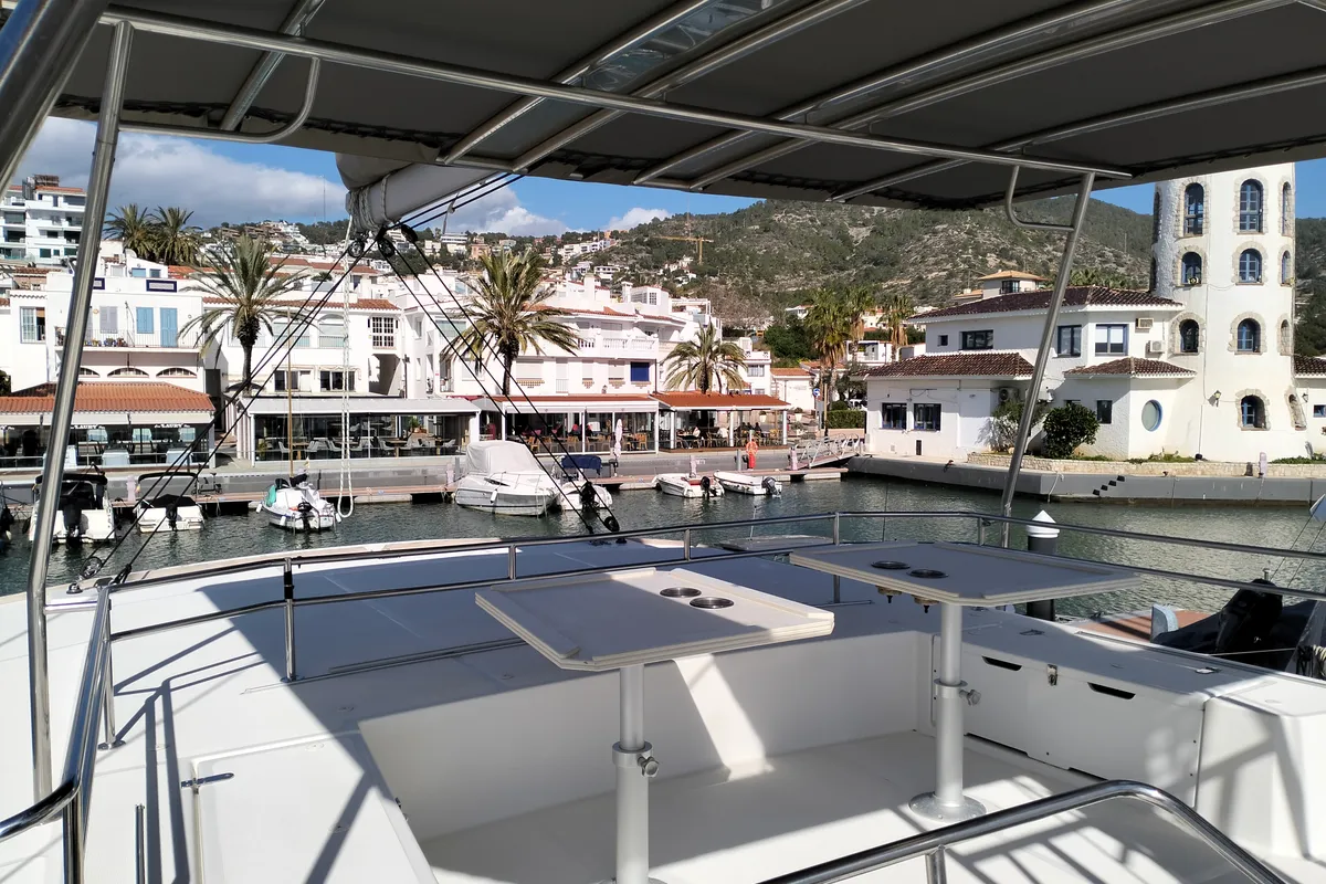 Deck of ONLY ONE LIFE, a Bali 5.4 catamaran at Sitges, Spain