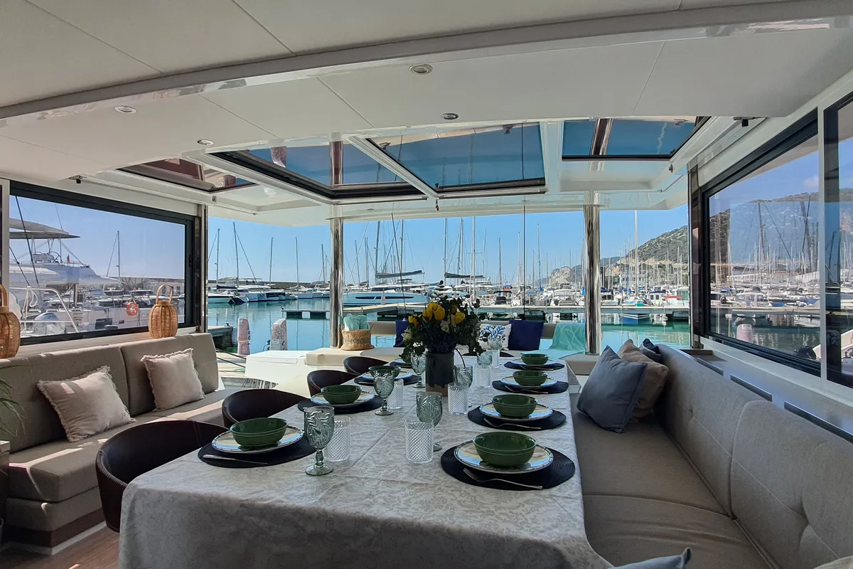 Salon of ONLY ONE LIFE, a Bali 5.4 catamaran at Sitges, Spain
