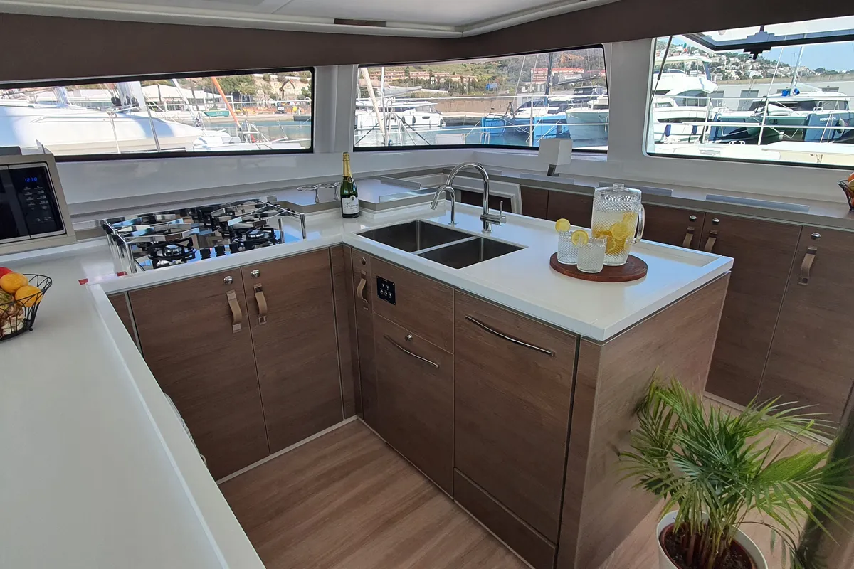 Galley of ONLY ONE LIFE, a Bali 5.4 catamaran at Sitges, Spain