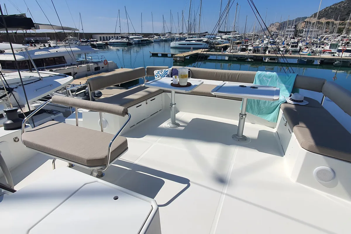 Deck of ONLY ONE LIFE, a Bali 5.4 catamaran at Sitges, Spain